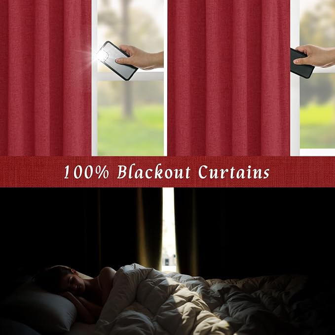 Red Linen Full Blackout Window Curtains - Image 3