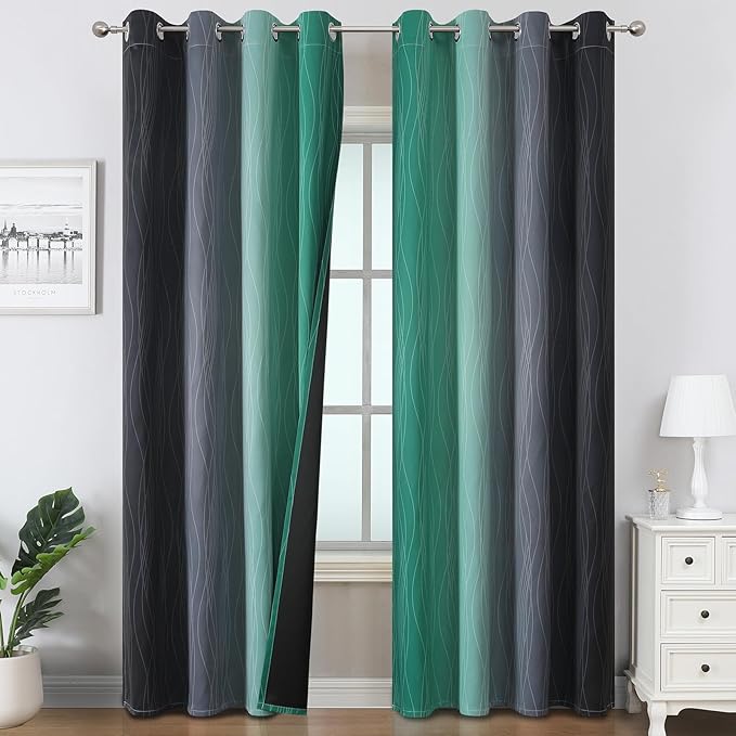 Black and Green Ombre Blackout Curtains 90 Inches Long | Gradient Curtains by ESTELARTEXTILER