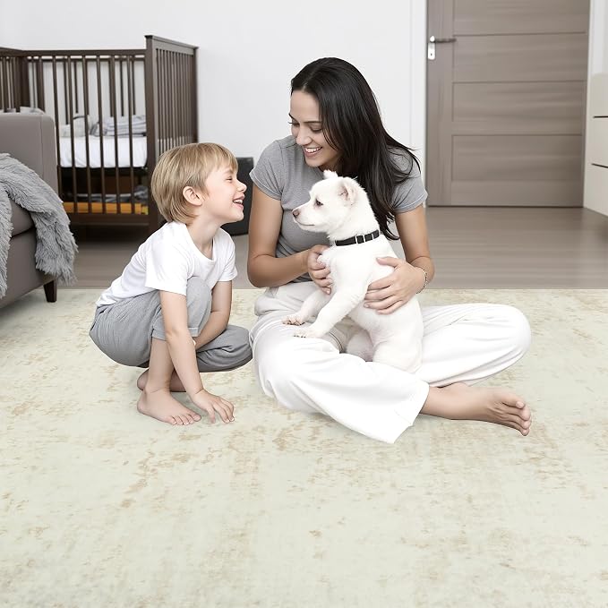 Area Rug Living Room: 5x5 Modern Washable Indoor Soft Carpet Beige | - Image 10