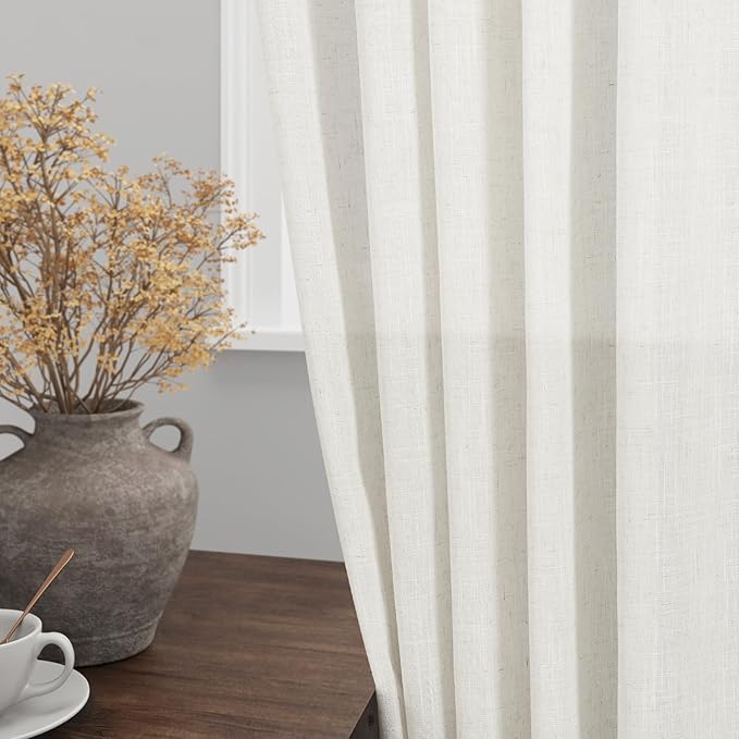 Beige White Linen Curtains 84 Inch Length 2 Panels Set - Image 4