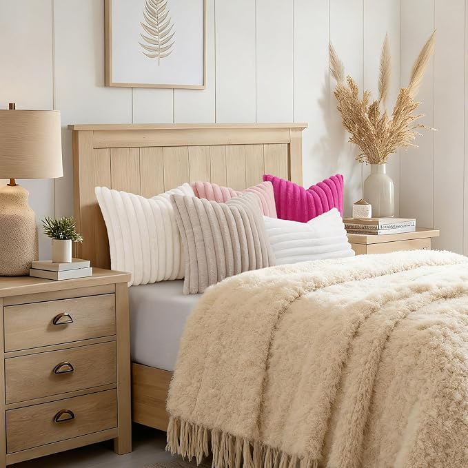 decorUhome Fall Faux Fur Throw Pillow Covers 12x20 Set of 2 White | Decorative - Image 8