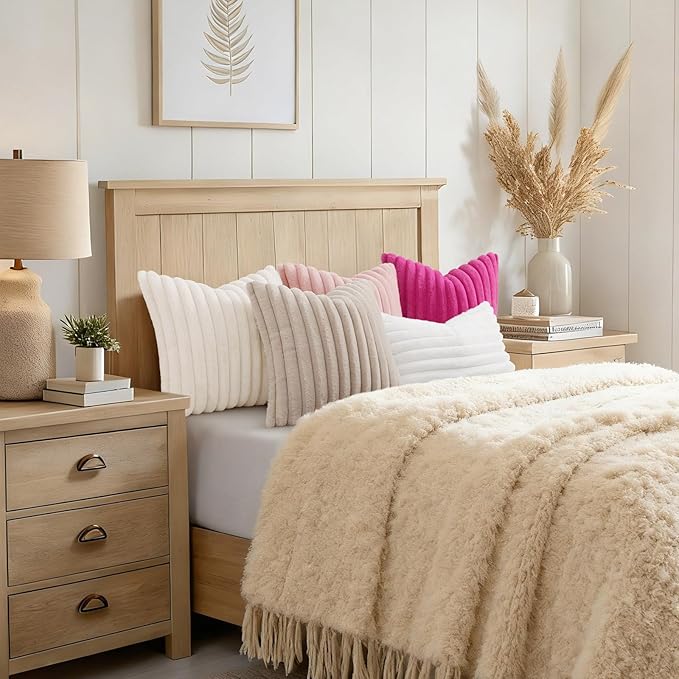 decorUhome Fall Faux Fur Throw Pillow Covers 18x18 Set of 2 White | Decorative - Image 8