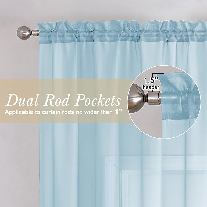 Sky Blue Sheer Curtains 96 Inches Long 2 Panels, Light Filtering Voile Solid - Image 5
