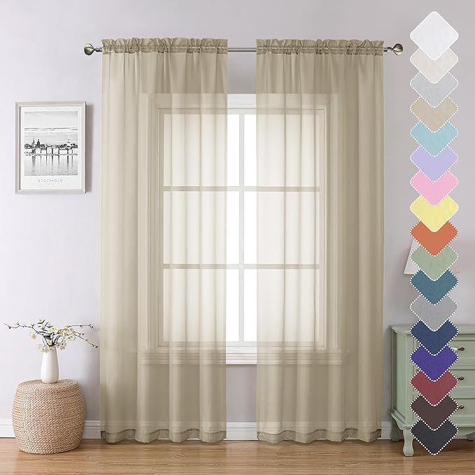 Taupe Sheer Curtains 84 Inches Long 2 Panels, Light Filtering Solid Voile Sheer by Lecloud