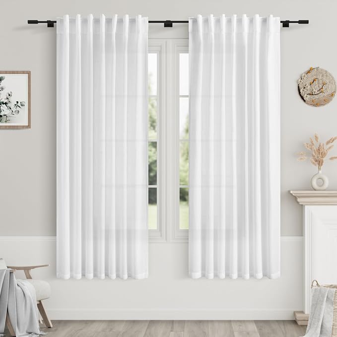 White Semi Sheer Linen Curtains 58 Inch Length by Nanspring