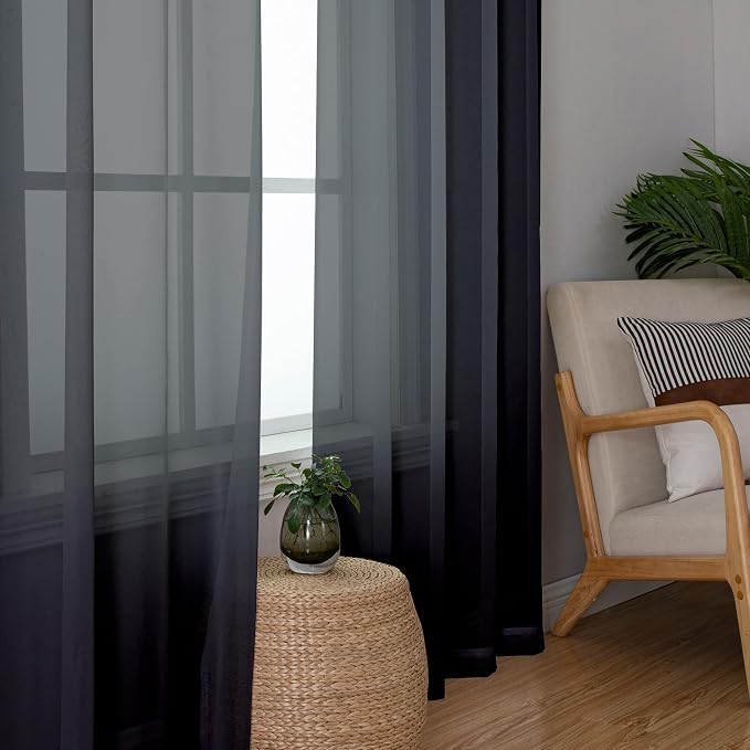Black Sheer Curtains 50 Inch Length 2 Pcs, Light Filtering Bedroom Curtains - Image 8