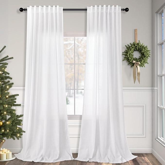 Pitalk White Linen Curtains for Living Room 100 Inches Long 2 Panels Pocket by Pitalk