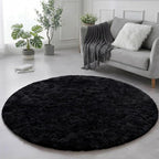 Amdrebio Black Fluffy Round Circle Rug 4Ft by Amdrebio
