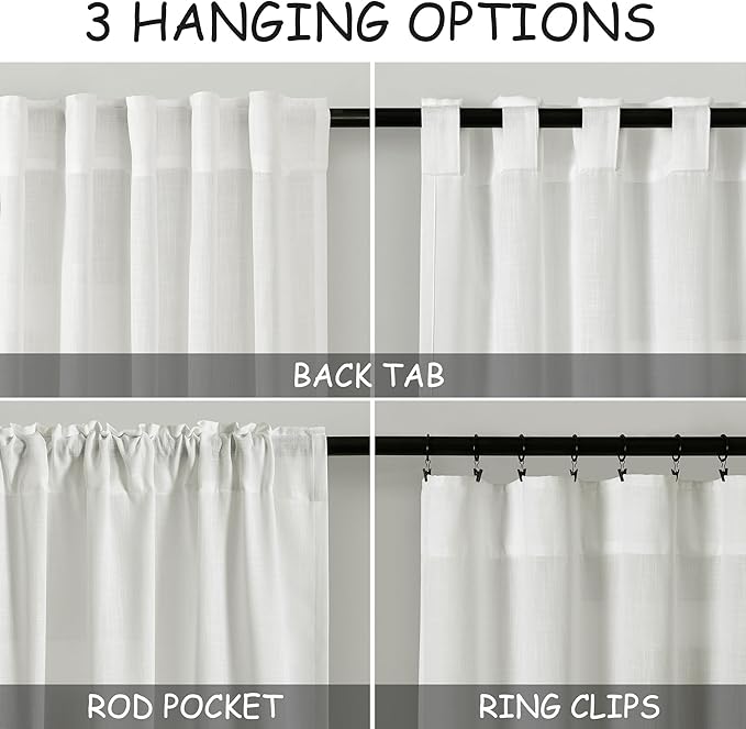 Ivory Linen Sheer Curtains 54 Inch Length 2 Panel Set Back Tab Rod Pocket Semi - Image 3