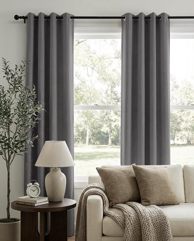 Curtains, Dark Gray, 2 Panels, Linen Textured Look, Thermal Insulated, Full - Image 2
