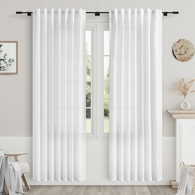 White Linen Curtains for Bedroom Back Tab Light Filtering Privacy Sheer by Nanspring