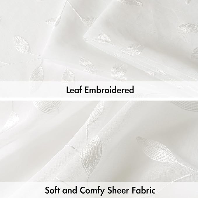MIULEE Ivory Sheer Curtains 2 Panels Embroidered Leaf Patterned, W52 x L96 | - Image 4