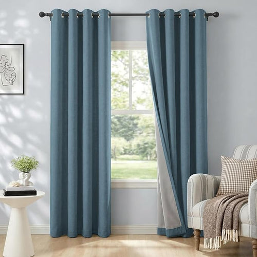100% Blackout Linen Textured Curtains 96 Inch Long, Stone Blue | 100% Blackout by 100BlackoutShield