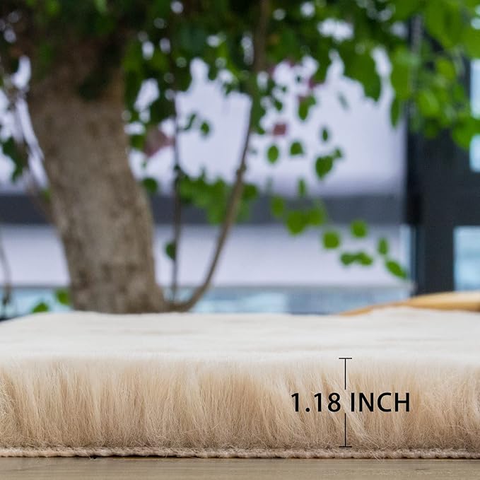 ORINOVA Beige Plush Faux Rabbit Shaggy Fur Rug - Image 7