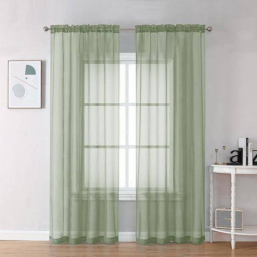 2 Panels Sheer Sage Green Curtains 72 Inches Length Window Treatment by OVZME
