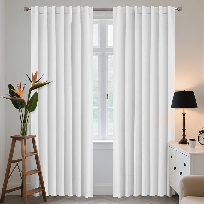 Joydeco 90 Inch 60% Blackout White Curtains 2 Panels, Elegant Semi Sheer by JOYDECO