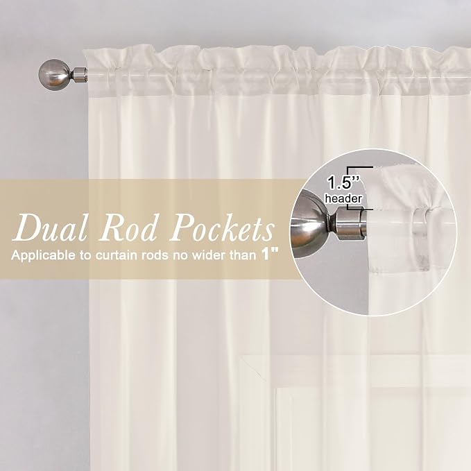 Ivory Sheer Curtains Tiers 36 Inch Length Set of 2, Voile Kitchen Curtains - Image 2