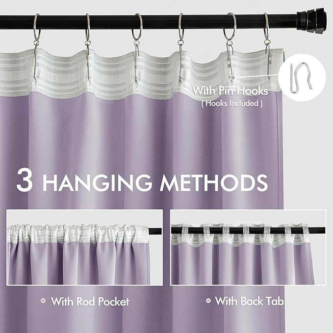 MIULEE Lilac Back Tab Blackout Curtains 52x84 Inch Length 2 Panels Set | Rod - Image 3