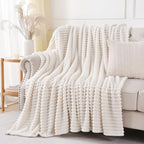Cream White Throw Blanket for Couch Sofa 60x80 inches Striped Design | Fleece - Image 5
