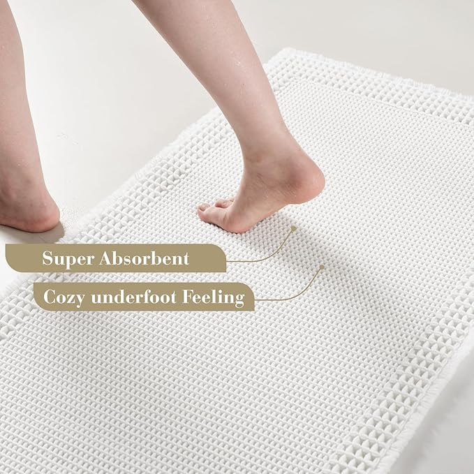 RESARE Waffle Bathroom Runner Rugs, Non Slip Boho Bath Mat 24"x72" White | Long - Image 3