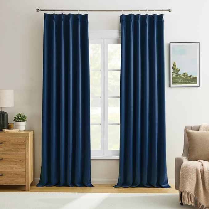 Navy Blue Blackout Pleated Curtains by KEQIAOSUOCAI