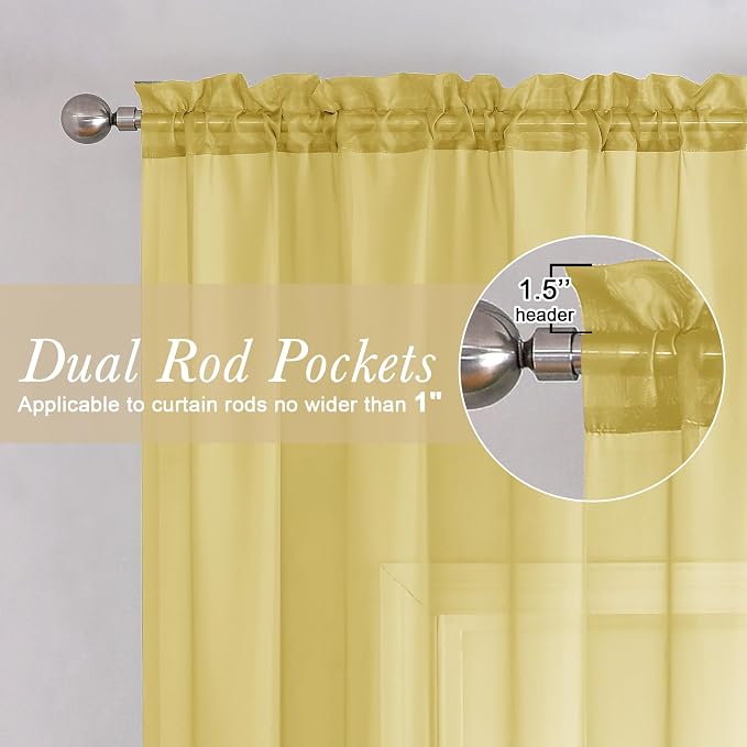 Yellow Sheer Curtains 54 Inch Length 2 Panels, Light Filtering Voile Curtain - Image 2