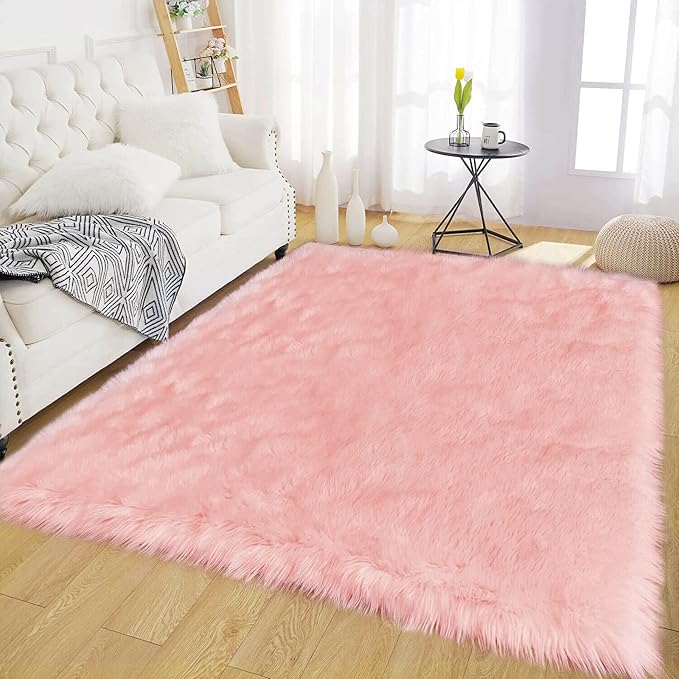 Latepis Pink Faux Fur 4'x5'10" Area Rug, Soft Plush Faux Fur Sheepskin Rugs by Latepis