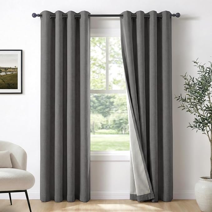 Curtains, Dark Gray, 2 Panels, Linen Textured Look, Thermal Insulated, Full by 100BlackoutShield