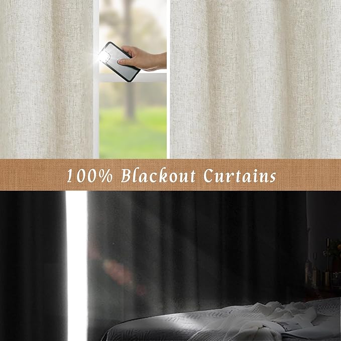 100% Blackout Natural Linen Bedroom Curtains 63 Inches 2 Panels | Stone - Image 4