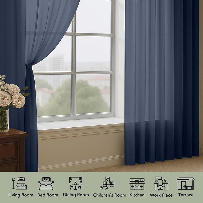 Extra Long Navy Blue Sheer Curtains 96 Inches Long 2 Panels Set, Soft - Image 3