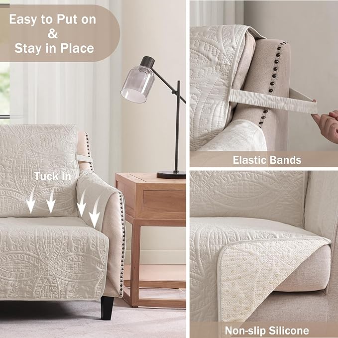 Large Beige Recliner Chair Covers, Quilted Décor Water-Repellent Lazy Boy Chair - Image 3