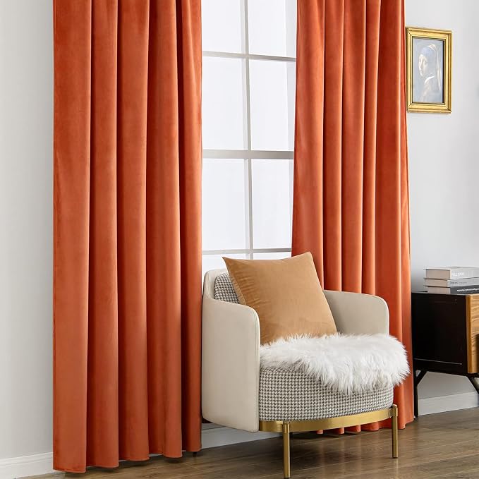 MIULEE Velvet Curtains 52x90 inches 2 Panels Fall Orange Blackout Curtains | - Image 7