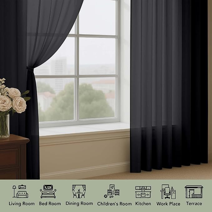 Black Sheer Curtains 120 Inches Long 2 Panels Set, Airy Lightweight Sheer Black - Image 4