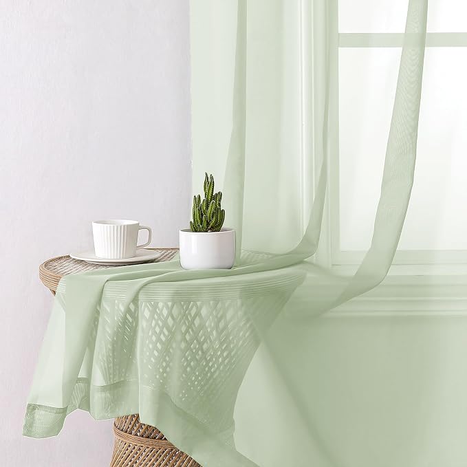 Light Green Sheer Curtains 63 Inch Length 2 Panels Set, Elegant Voile Curtains - Image 7