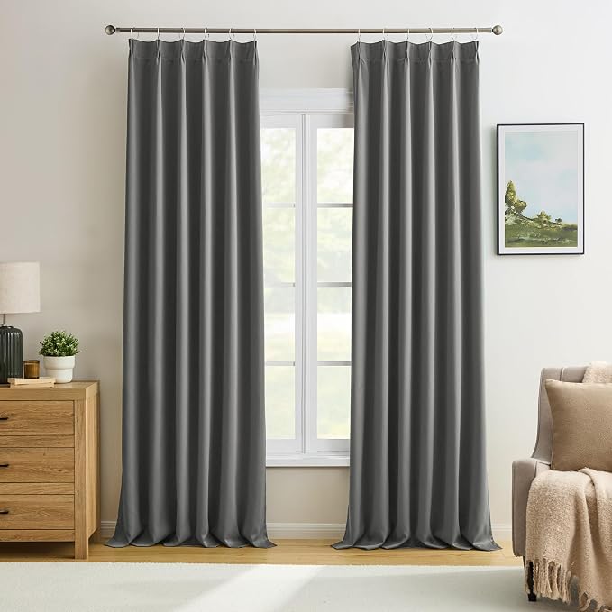 Grey Pinch Pleat Curtains & Drapes 138 Inches Long 2 Panels Set, Privacy by KEQIAOSUOCAI