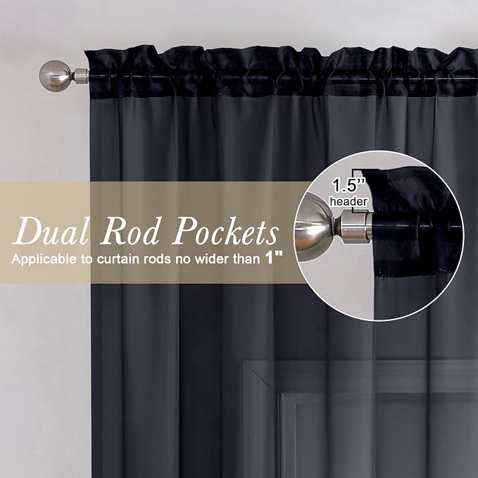 Black Sheer Curtains 90 Inches Long 2 Panels Set, Privacy Voile Light Filtering - Image 6