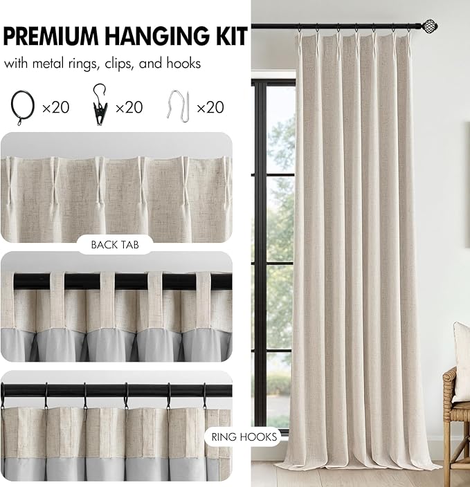 MIULEE Beige Pinch Pleated 100% Blackout Linen Curtains 40x90 Inches | Room - Image 8