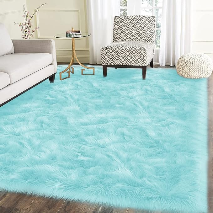 Latepis Light Blue Faux Fur 5x8 Alfombras para Salas Washable Sheepskin Fluffy - Image 7