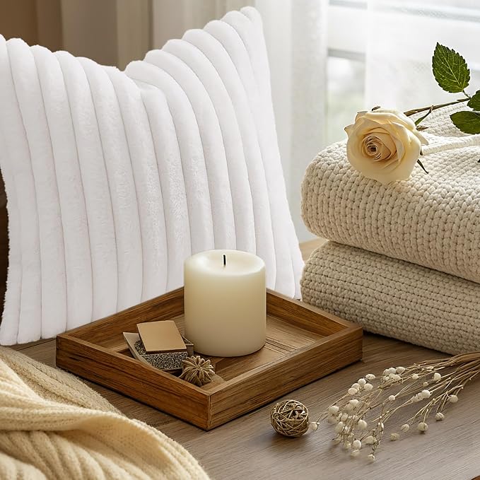 decorUhome Fall Faux Fur Throw Pillow Covers 12x20 Set of 2 White | Decorative - Image 9