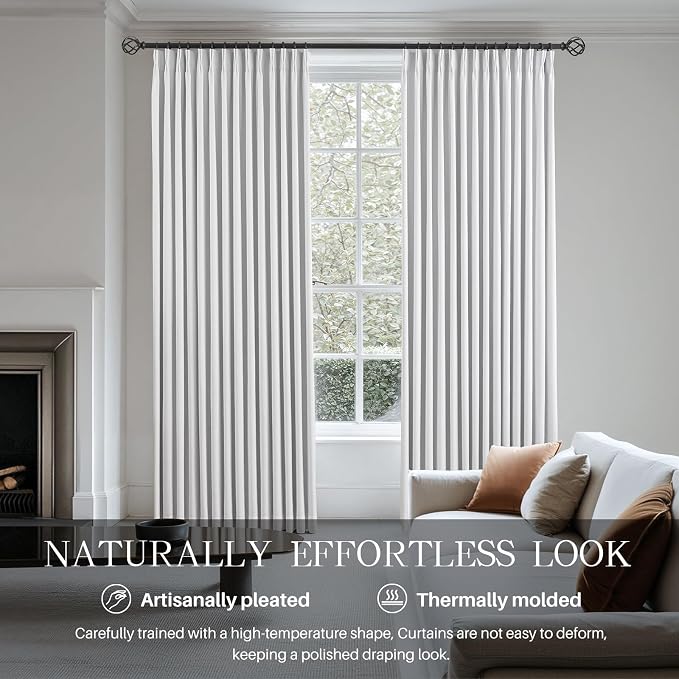 Pinch Pleated Linen White Blackout Curtains 95 Inches Long - Image 2