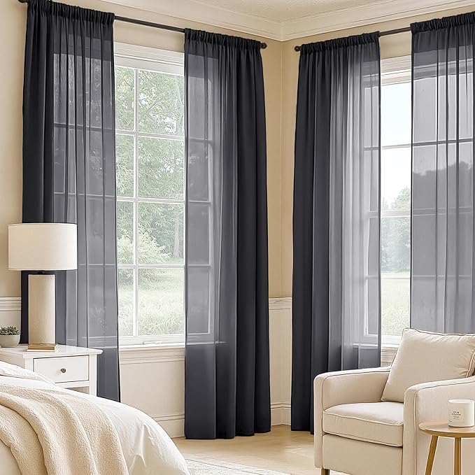 MIULEE Black Sheer Curtains 90 Inches Long 4 Panels 42 x 90 Inches | Light - Image 2