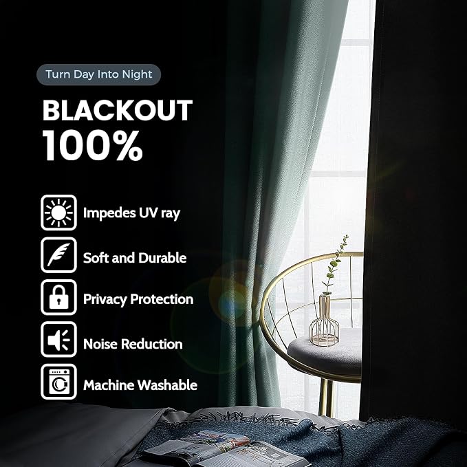 SimpleHome Aqua 100% Blackout Curtains Room Darkening Living Room 90 Inch | - Image 3