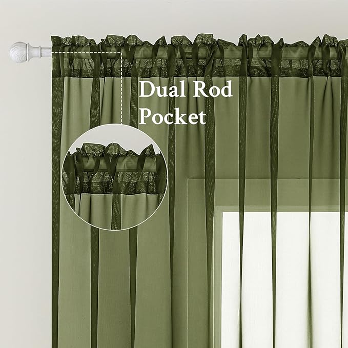 MIULEE Olive Green Sheer Curtains 54 X 63 Inches, 2 Panels | Solid Color - Image 2