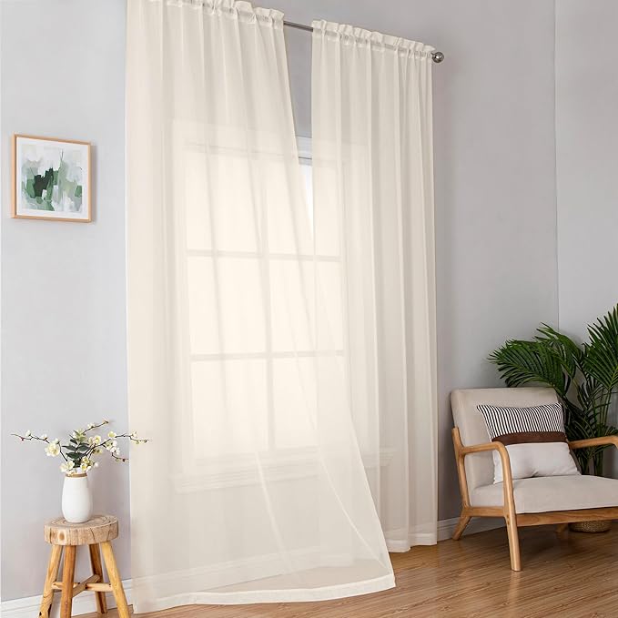 Simplebrand Cream Sheer Curtains 96 Inches Long 2 Panels, Light Filtering Rod - Image 2