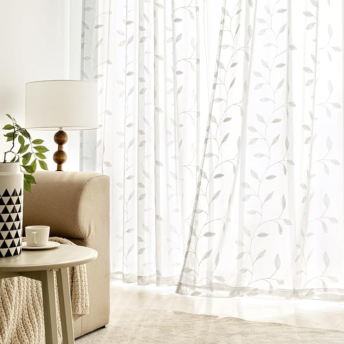 MIULEE White Sheer Curtains 2 Panels Embroidered Leaf Patterned, W52 x L63 | - Image 3
