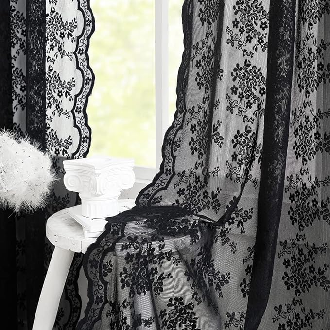 YJ YANJUN Vintage Lace Curtains 45 Inch Length-Victorian Dark Floral Pattern by YJYANJUN
