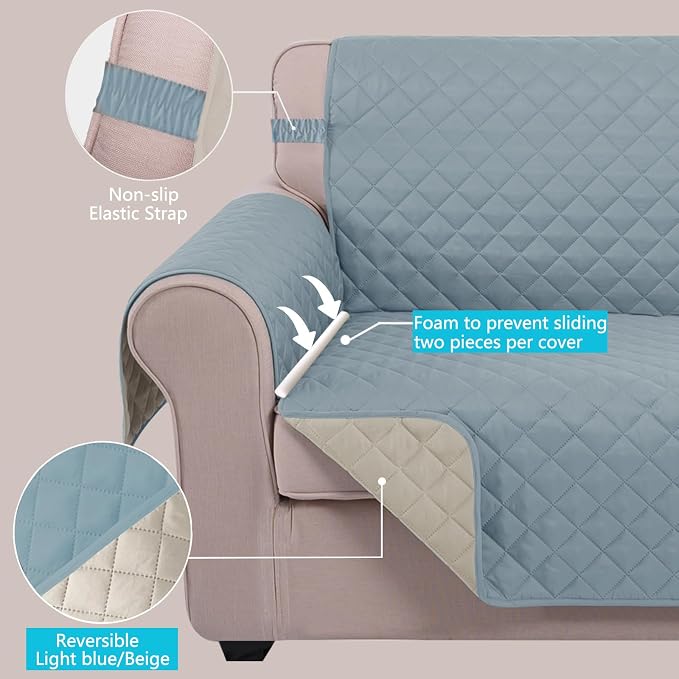 U-NICE HOME Reversible 23''Recliner Small Chair Cover, Light Blue/Beige | - Image 3