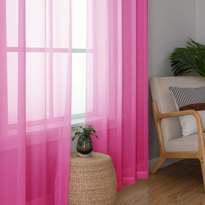 Hot Pink Sheer Curtains 72 Inches Long 2 Panels, Solid Voile Light Filtering - Image 2
