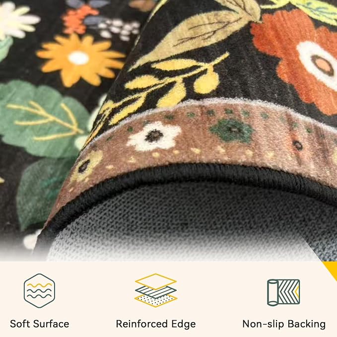 RELEANY Floral Washable 4x6 Area Rugs Black/Yellow | Flower Carpet Print Boho - Image 4