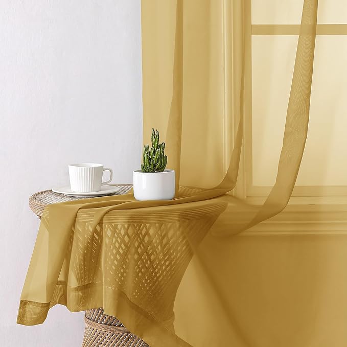 Gold Sheer Curtains 63 Inch Length 2 Panels, Airy Light Filtering Voile Curtain - Image 3